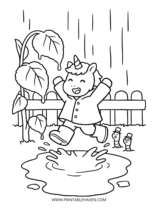Cute baby unicorn hanging a striped sock on a clothesline next to a large sunflower on an easy unicorn coloring page with bold outlines.