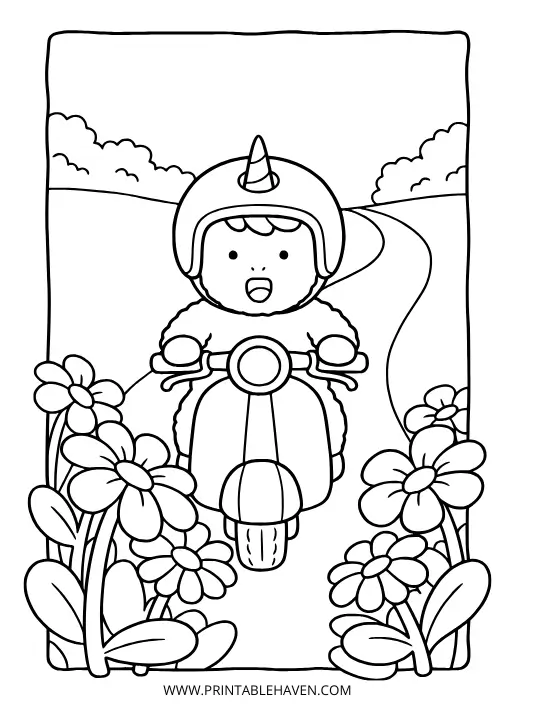 Kawaii unicorn wearing a safety helmet and riding a scooter through a flower garden on this free printable unicorn coloring page.