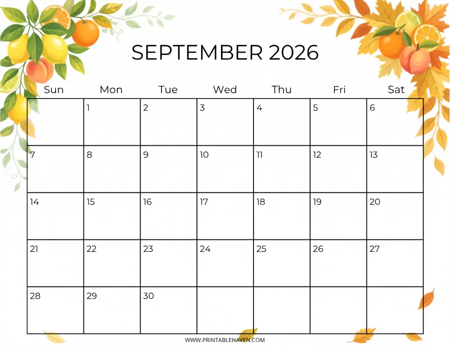 september-2026-autumn-citrus-calendar A horizontal printable September 2026 calendar featuring a decorative corner border of autumn citrus fruits, including oranges, lemons, and peaches paired with fall foliage, framing a Sunday-start grid.