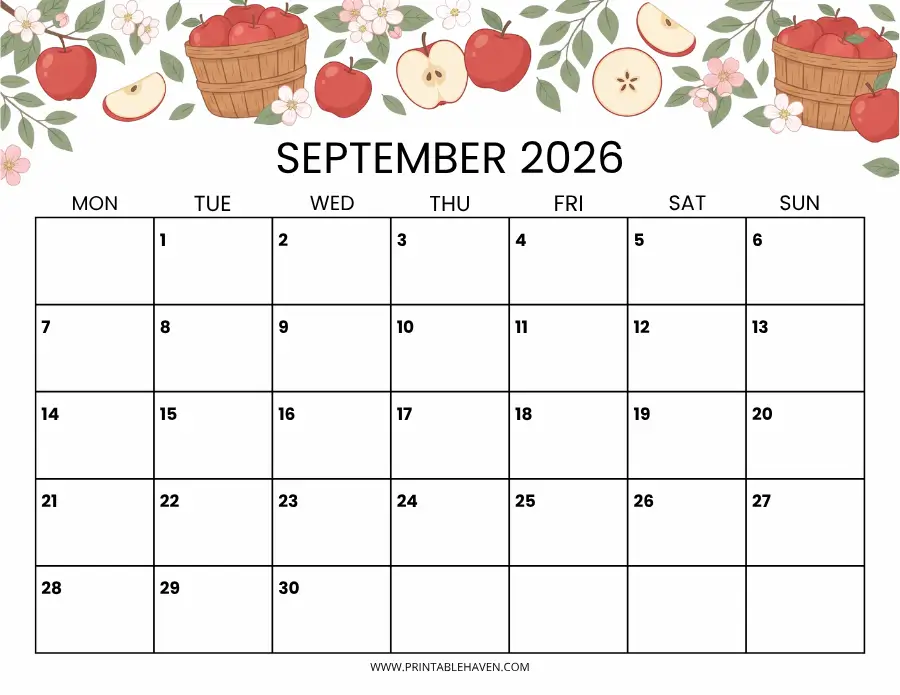 september-2026-autumn-harvest-calendar A landscape printable September 2026 calendar template with an autumn harvest theme, showing baskets of red apples, apple slices, and blossoms across the top of a Monday-start grid.
