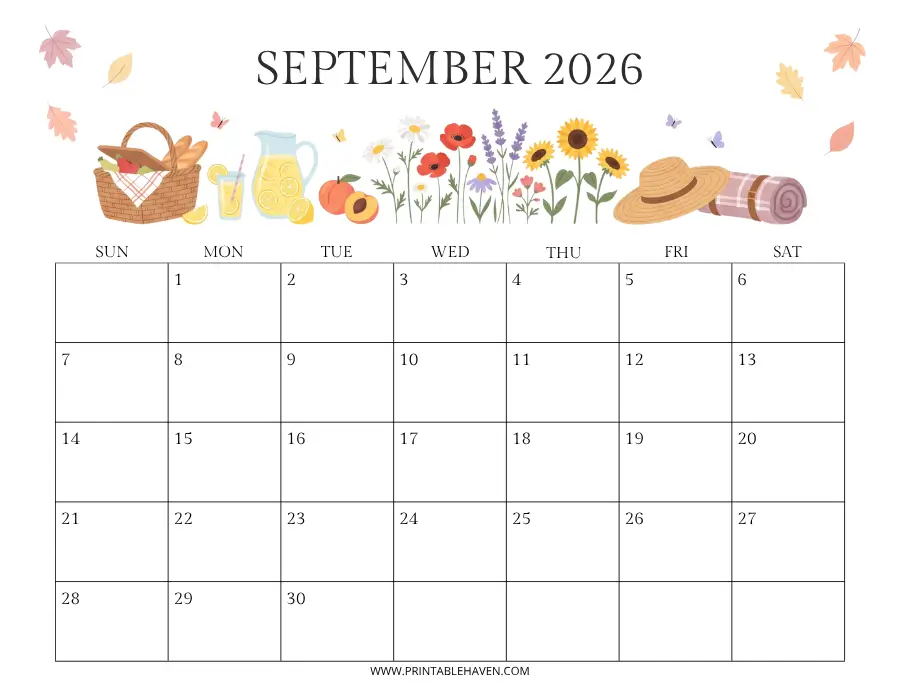 september-2026-autumn-picnic-calendar An illustrated printable September 2026 calendar displaying a cozy autumn picnic scene at the top with a woven basket, lemonade, sunflowers, and a rolled blanket over a Sunday-start planning grid.