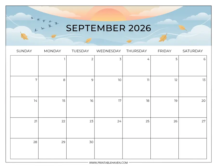 september-2026-autumn-sky-calendar A peaceful landscape September 2026 calendar featuring an illustration of a sunset sky with clouds, flying birds, and gently falling autumn leaves above a Sunday-start grid.