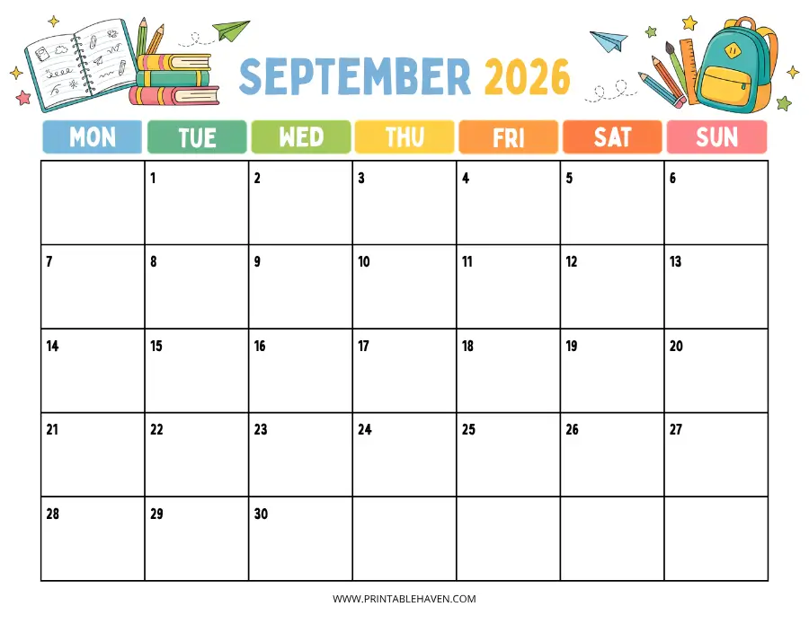 september-2026-back-to-school-calendar A colorful back-to-school themed printable September 2026 calendar featuring illustrations of a backpack, stacked books, notebooks, and paper airplanes above a Monday-start grid with bright day-of-the-week headers.