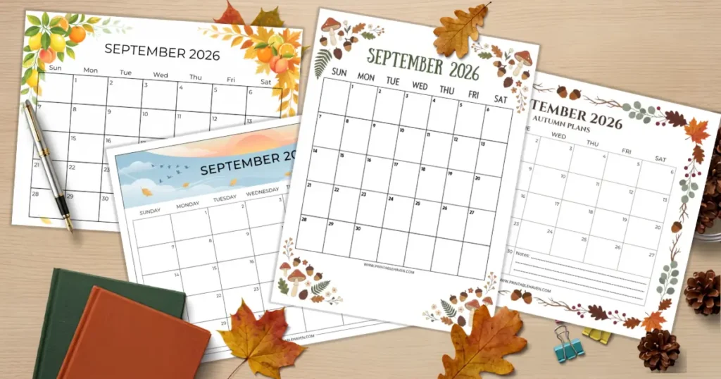 A flat lay showcase of four different printable September 2026 calendar templates scattered on a light wooden desk, featuring autumn citrus, botanical, and fall scenery designs, styled with scattered autumn leaves, pinecones, a pen, and stacked books.