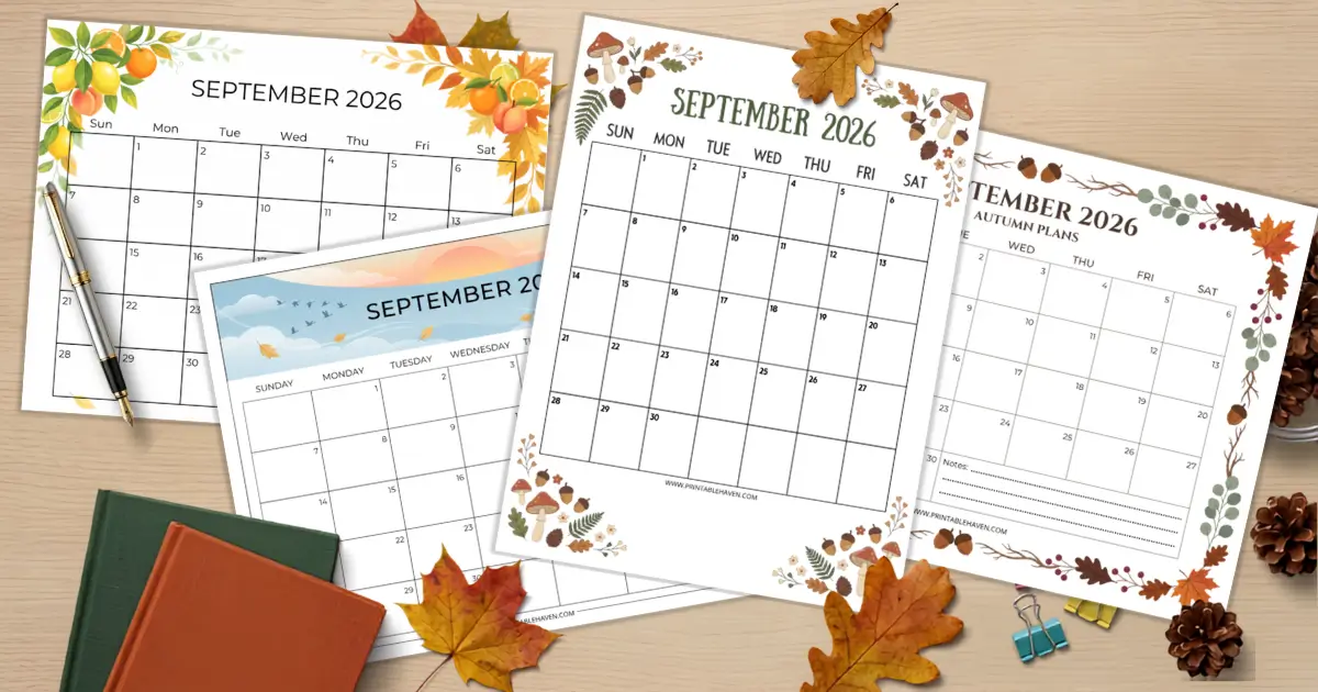 A flat lay showcase of four different printable September 2026 calendar templates scattered on a light wooden desk, featuring autumn citrus, botanical, and fall scenery designs, styled with scattered autumn leaves, pinecones, a pen, and stacked books.