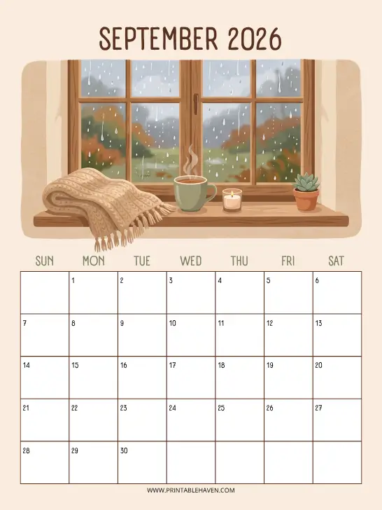 september-2026-cozy-window-calendar An illustrative vertical (portrait) printable September 2026 calendar featuring a cozy early autumn window scene with rain falling outside, a knitted blanket, a steaming mug, a lit candle, and a potted succulent on the windowsill above the calendar grid with a Sunday start.