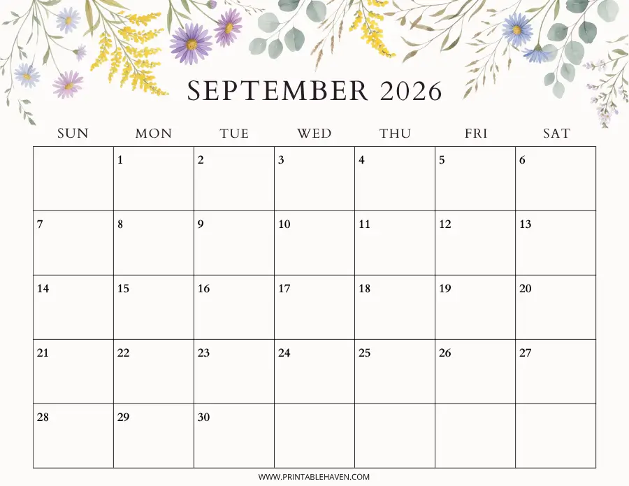 september-2026-elegant-wildflower-calendar An elegant printable September 2026 calendar template featuring a delicate watercolor wildflower and eucalyptus border draped along the top edge, paired with a clean Sunday-start grid.