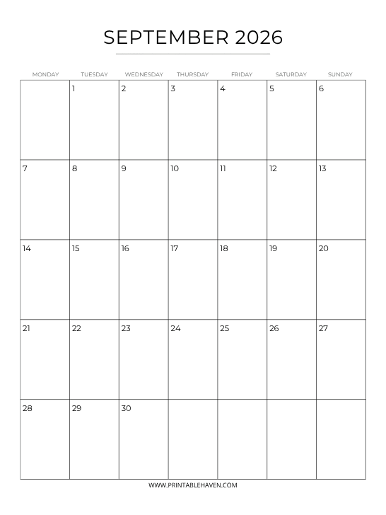 september-2026-minimal-portrait-calendar A clean, minimal portrait-oriented printable September 2026 calendar featuring a simple black-and-white grid with thin lines and a Monday start, without decorative elements.
