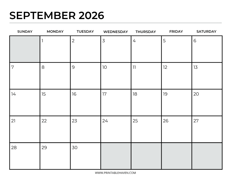 september-2026-minimalist-calendar A clean, minimalist landscape September 2026 calendar featuring a simple, distraction-free grid with bold text, a Sunday start, and lightly shaded empty date boxes.
