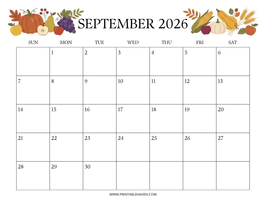 september-2026-pumpkin-harvest-calendar A festive harvest-themed printable September 2026 calendar featuring a top border decorated with orange pumpkins, gourds, grapes, apples, and wheat stalks above a Sunday-start blank grid.