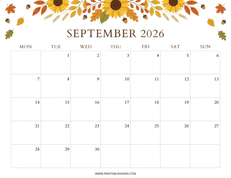 september-2026-sunflower-calendar A landscape printable September 2026 calendar featuring a cheerful top border decorated with large yellow sunflowers, autumn leaves, wheat stalks, and acorns above a Monday-start planning grid.