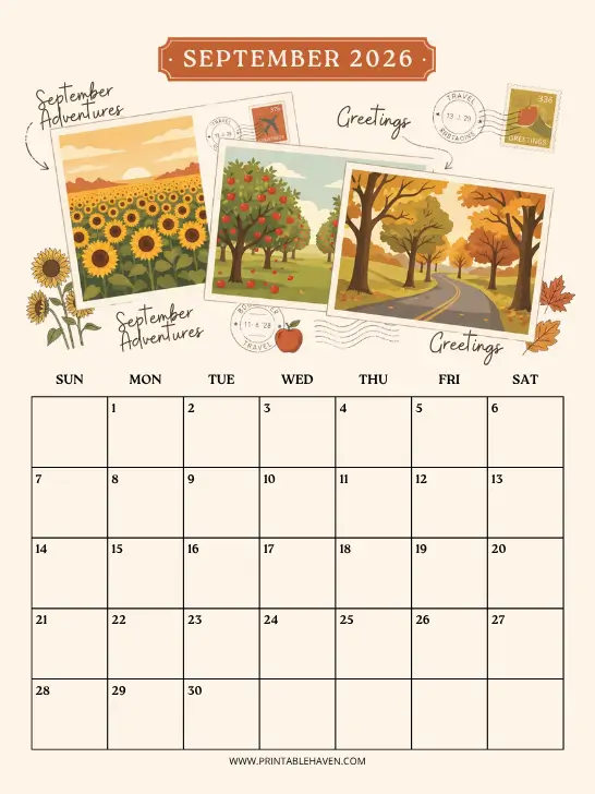 september-2026-vintage-autumn-postcards-calendar A vertical printable September 2026 calendar featuring a vintage travel theme with illustrations of autumn postcards—including a sunflower field, an apple orchard, and a scenic fall road—decorated with postal stamps and postmarks above a Sunday-start grid.