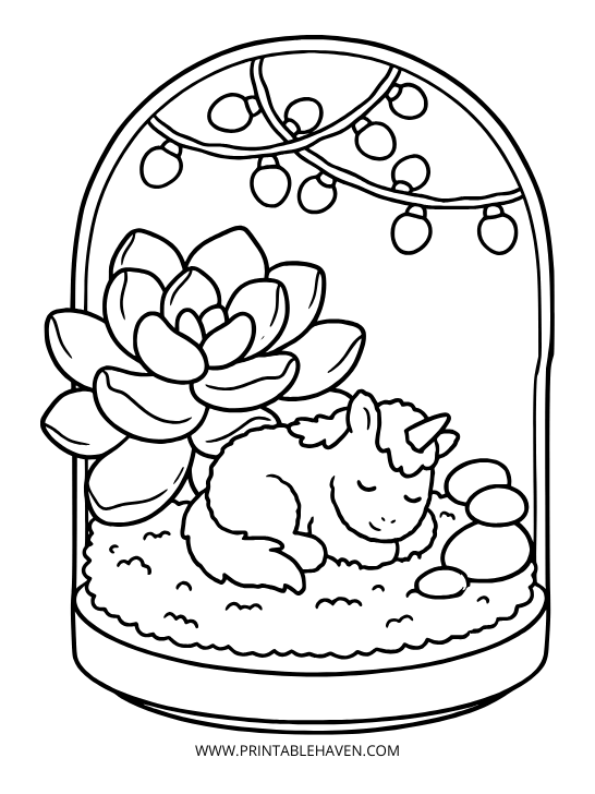 Sleeping baby unicorn resting inside a glass terrarium with a large succulent, pebbles, and hanging string lights on a kawaii printable unicorn coloring sheet.