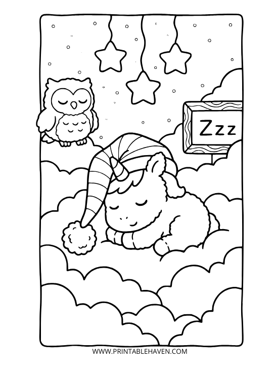 Sleepy unicorn wearing a striped nightcap resting on fluffy clouds next to an owl and a Zzz sign on an easy bedtime unicorn coloring page PDF.