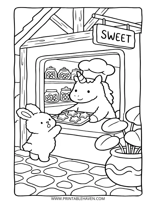 Kawaii unicorn baker wearing a chef hat serving freshly baked star cookies on a tray to a cute bunny on a fun printable unicorn bakery coloring page.
