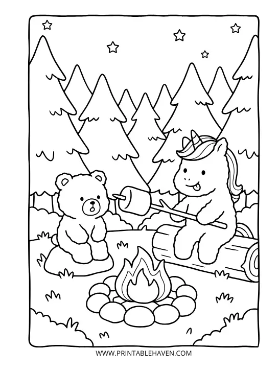 Cheerful unicorn sitting on a log roasting a giant marshmallow over a campfire with a little bear companion on a cozy woodland unicorn coloring page.