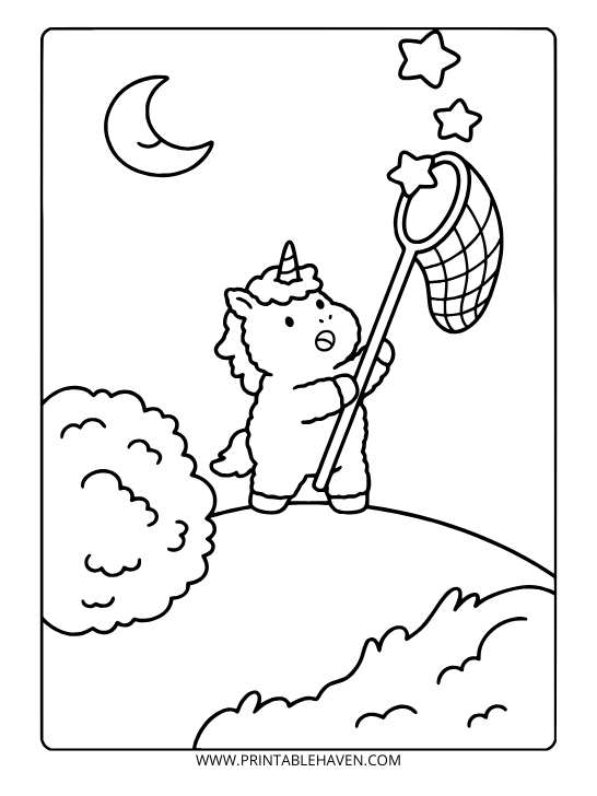 Magical unicorn standing on a grassy hill using a large net to catch falling stars under a crescent moon on a dreamy printable unicorn coloring page.