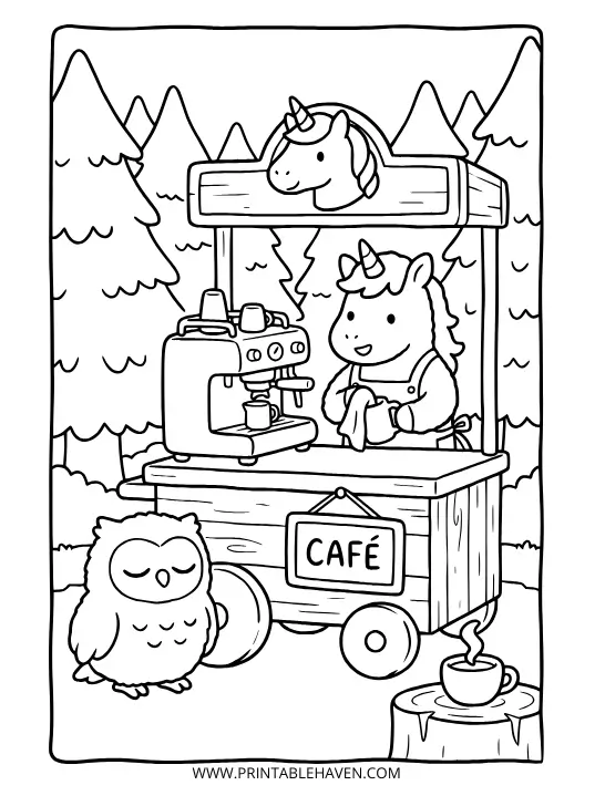 Cute unicorn barista operating an espresso machine at a rustic woodland cafe cart with an owl customer on a detailed printable unicorn coloring page.