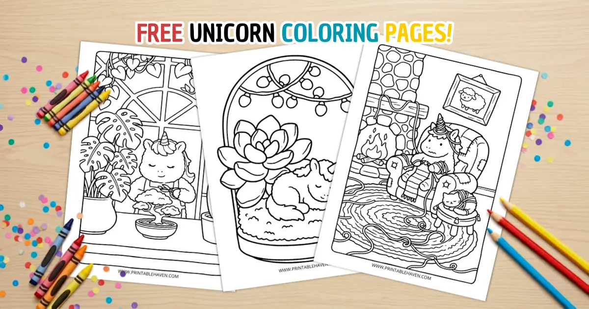 A collection of three free printable unicorn coloring pages fanned out on a wooden desk surrounded by colorful crayons, colored pencils, and festive confetti.