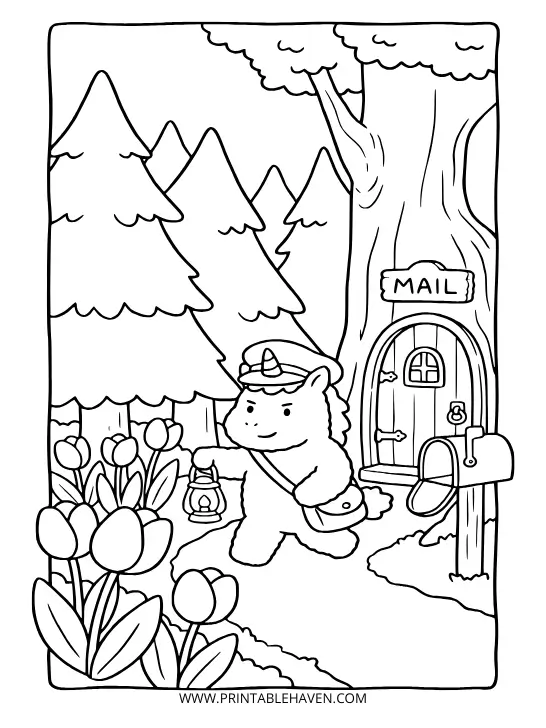 Unicorn mail carrier holding a lantern and mail satchel delivering letters to a magical treehouse mailbox surrounded by spring tulips on a thick-lined unicorn coloring page.