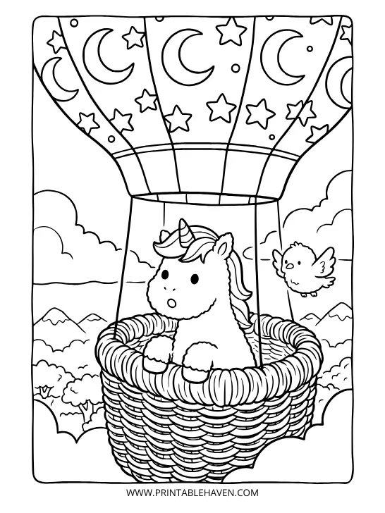 Adorable unicorn flying high above the clouds in a hot air balloon decorated with stars and moons alongside a small bird on a free unicorn coloring page PDF.