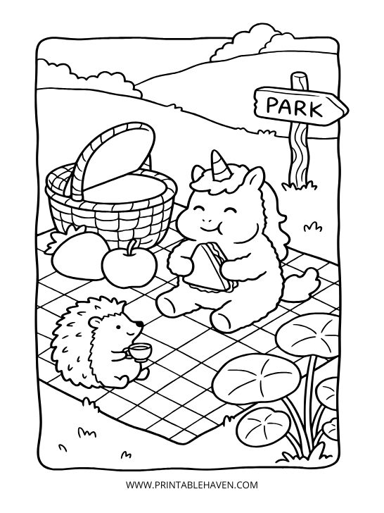 Happy unicorn eating a sandwich on a checkered picnic blanket next to a basket, apples, and a hedgehog drinking tea on an easy park picnic unicorn coloring page.