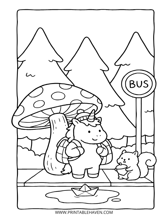 Cute unicorn wearing a backpack waiting at a bus stop next to a giant mushroom, a paper boat, and a friendly squirrel on a free printable back-to-school unicorn coloring page.